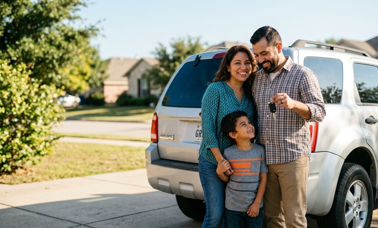 Texas family holding their car keys next to their SUV after a Discount Title Loan